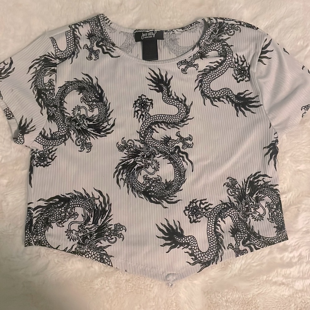 Black and white crop top with dragons on it